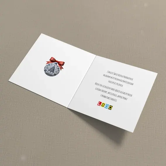 Kartka świąteczna z logo BN2-415 Szkarłatna wstążka i ciemna bombka, wnętrze