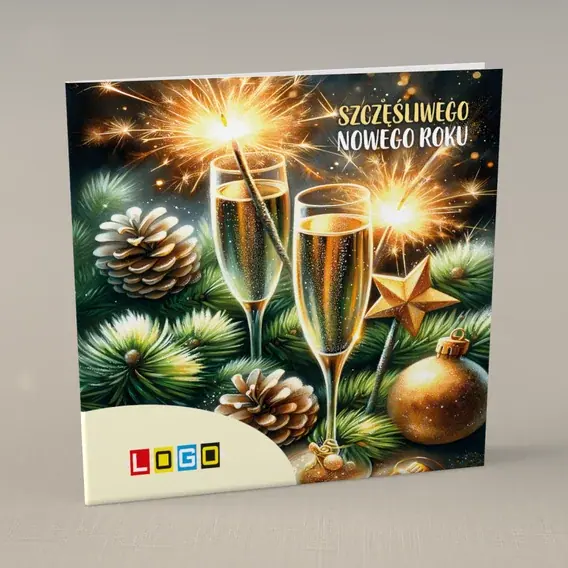 Kartka świąteczna z logo BN2-425 Wieczorny toast przy szyszkach, przód