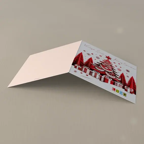 Kartka świąteczna z logo BN2-431 Ażurowe jodły i paczki, tył
