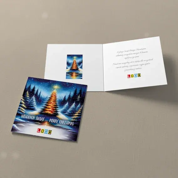 Kartka świąteczna z logo BN2-436 Lampki w nocnym lesie, widok ogólny