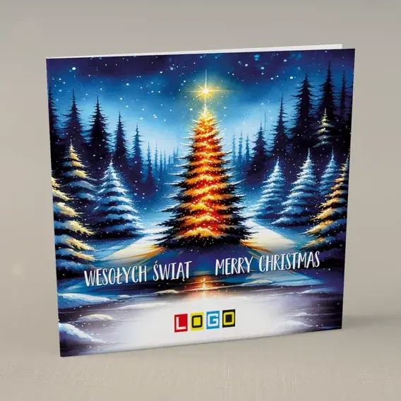 Kartka świąteczna z logo BN2-436 Lampki w nocnym lesie, przód