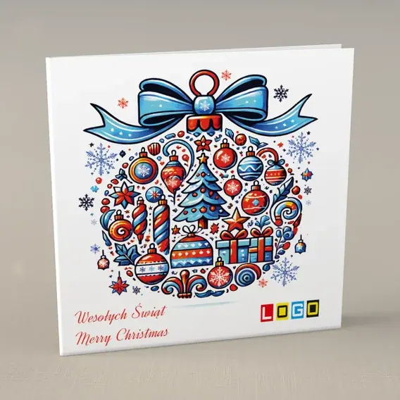 Kartka świąteczna z logo BN2-461 Ornament z niebieską wstążką, przód