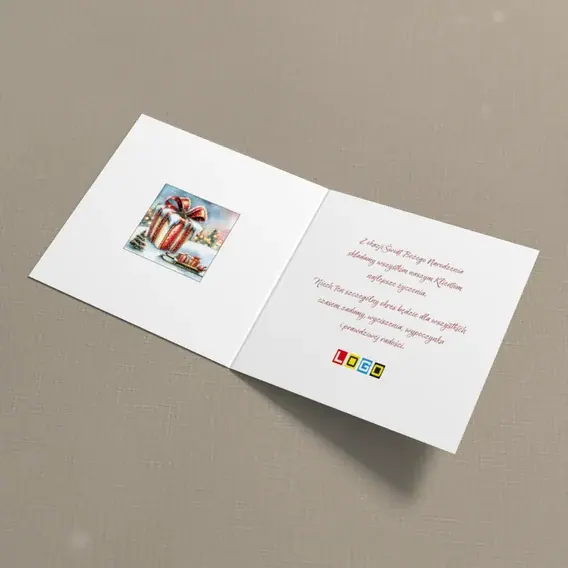 Kartka świąteczna z logo BN2-468 Paczka i sanki wśród zimy, wnętrze