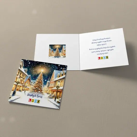 Kartka świąteczna z logo BN2-470 Rozświetlone miasteczko nocą, widok ogólny