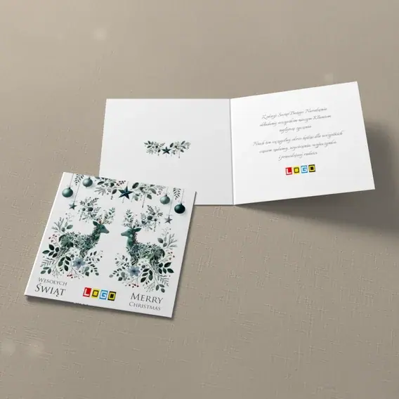 Kartka świąteczna z logo BN2-480 Jelenie w zieleni i bieli, widok ogólny