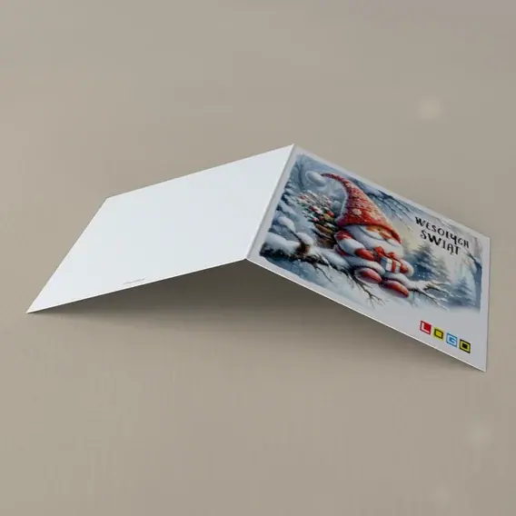 Kartka świąteczna z logo BN2-492 Skrzat z szalikiem pod śniegiem, tył