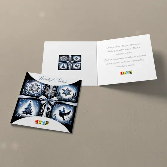 Kartka świąteczna z logo BN2-493 Śnieżny kwartet z białą kokardą, widok ogólny