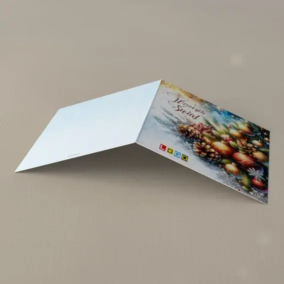 Kartka świąteczna z logo BN2-495 Bombki w beżu pośród igieł, tył