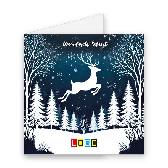 Kartka świąteczna z logo BN2-498 Biały skok nad granatowym borem, okładka