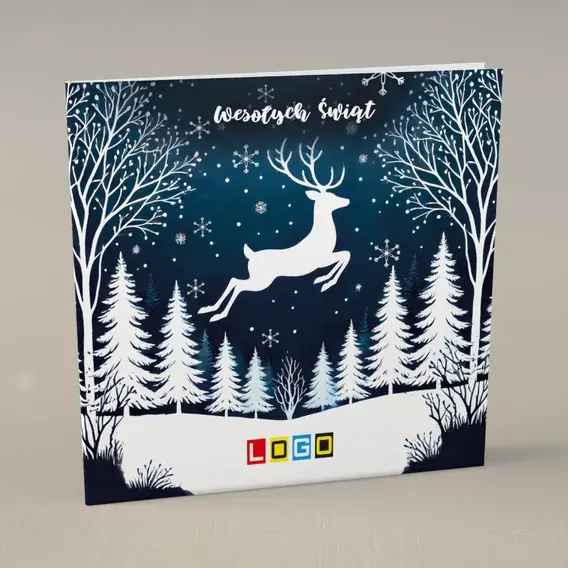 Kartka świąteczna z logo BN2-498 Biały skok nad granatowym borem, przód
