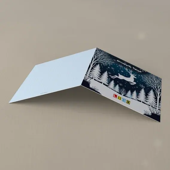 Kartka świąteczna z logo BN2-498 Biały skok nad granatowym borem, tył