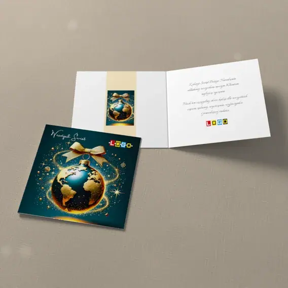 Kartka świąteczna z logo BN2-502 Glob zamiast bombki na kokardzie, widok ogólny
