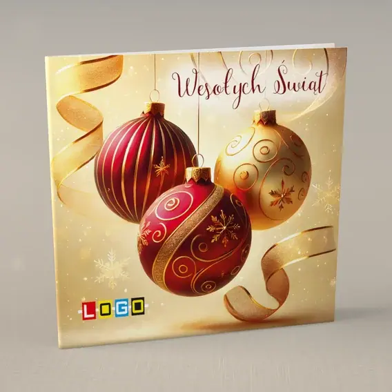 Kartka świąteczna z logo BN2-506 Wzorzyste kule we wstędze, przód
