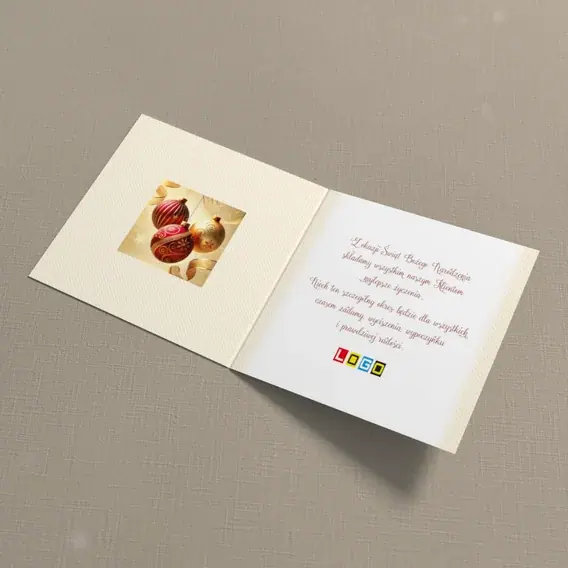 Kartka świąteczna z logo BN2-506 Wzorzyste kule we wstędze, wnętrze