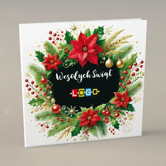 Kartka świąteczna z logo BN2-530 Wieniec na ciemnej zieleni, przód