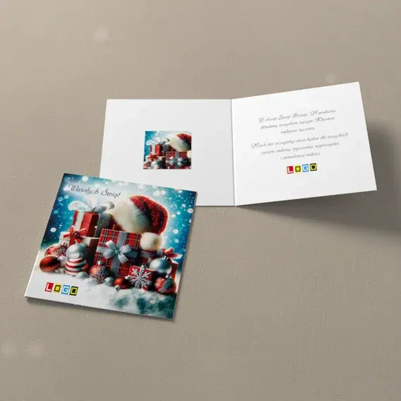 Kartka świąteczna z logo BN2-541 Paczki pod śnieżną kurtyną, widok ogólny