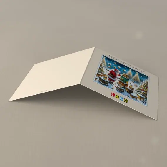 Kartka świąteczna z logo BN2-549 Uśmiechnięty Mikołaj z workiem, tył
