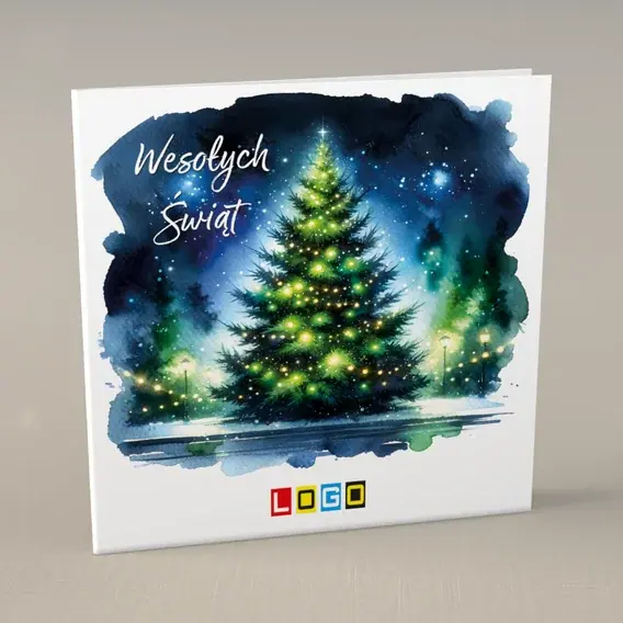 Kartka świąteczna z logo BN2-566 Malowana jodła z lampkami, przód