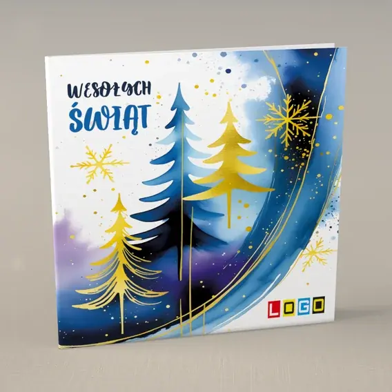Kartka świąteczna z logo BN2-580 Słoneczne jodełki na ciemnym polu, przód