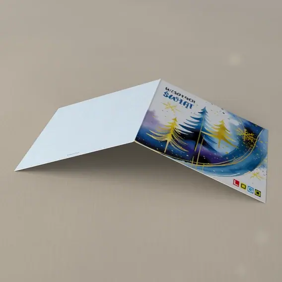 Kartka świąteczna z logo BN2-580 Słoneczne jodełki na ciemnym polu, tył