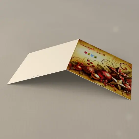 Kartka świąteczna z logo BN2-583 Gwiazdy między bombkami w brązie, tył