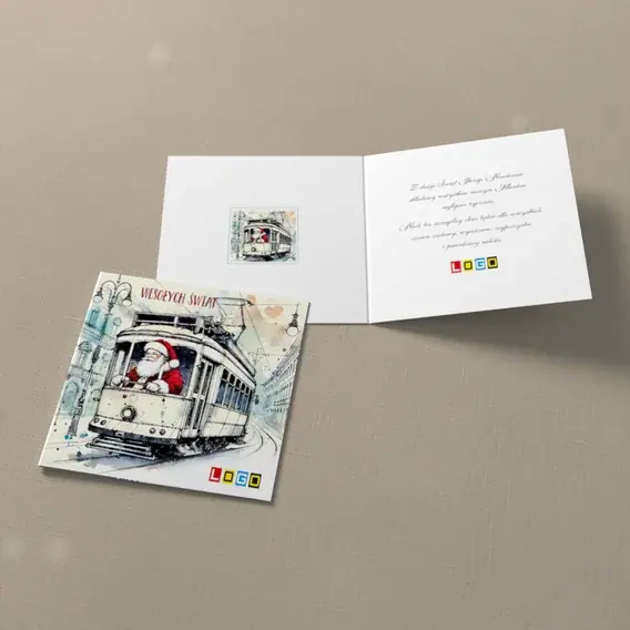 Kartka świąteczna z logo BN2-584 Tramwaj wiezie czerwonego gościa, widok ogólny