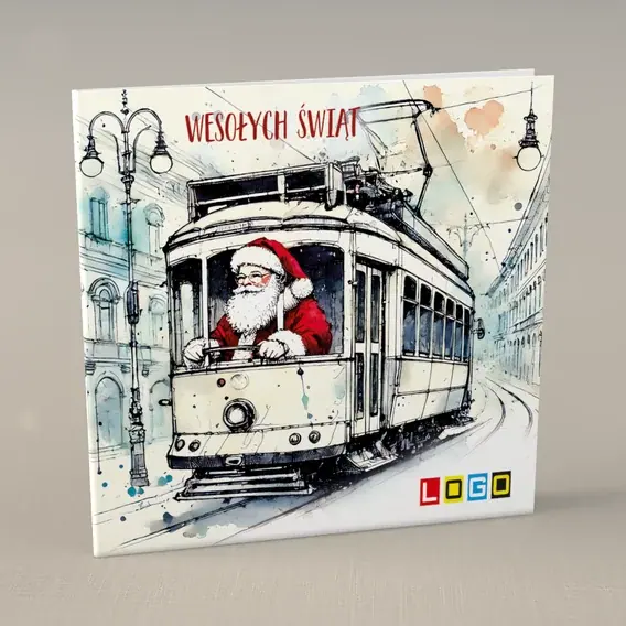 Kartka świąteczna z logo BN2-584 Tramwaj wiezie czerwonego gościa, przód