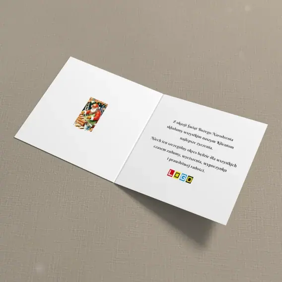 Kartka świąteczna z logo BN2-602 Ceglana ściana i prezenty, wnętrze