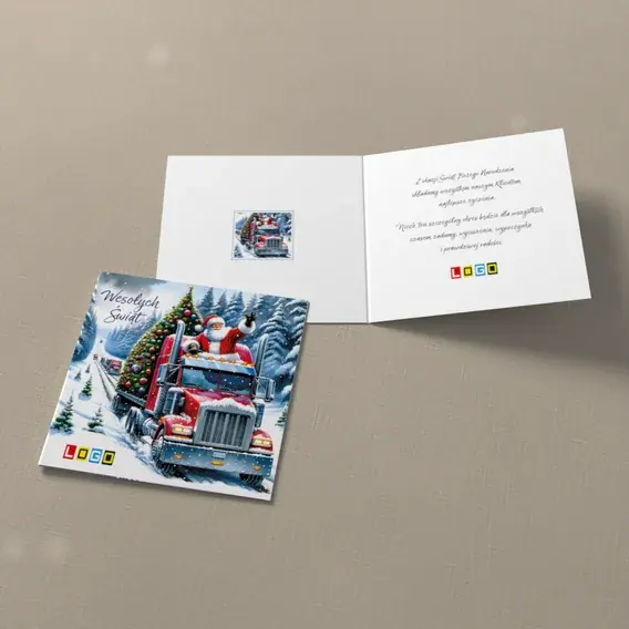 Kartka świąteczna z logo BN2-605 Czerwony tir z drzewkiem, widok ogólny