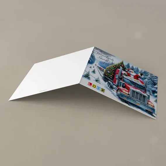 Kartka świąteczna z logo BN2-605 Czerwony tir z drzewkiem, tył