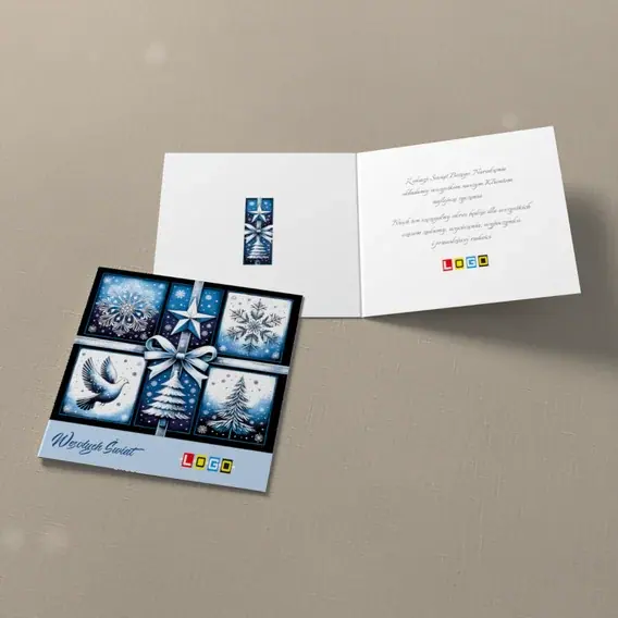Kartka świąteczna z logo BN2-608 Kokarda spina śnieżynkę i gołębia, widok ogólny