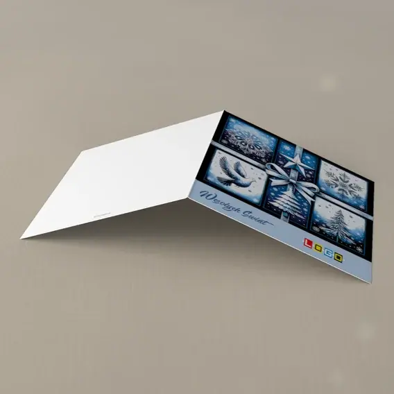 Kartka świąteczna z logo BN2-608 Kokarda spina śnieżynkę i gołębia, tył