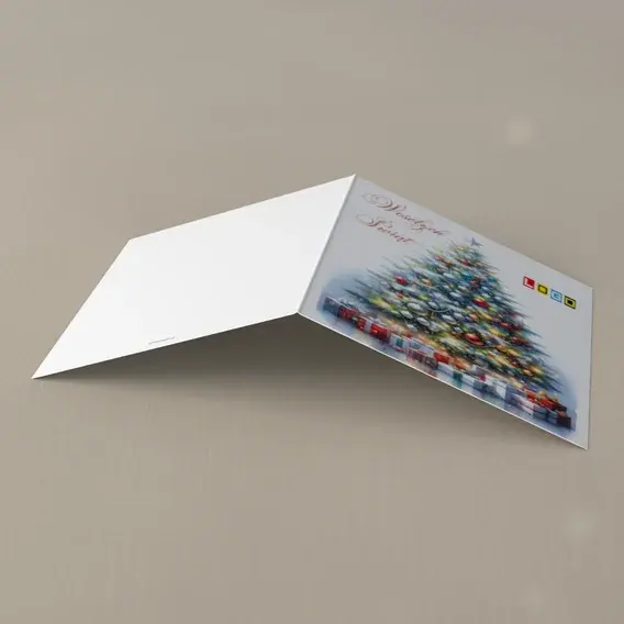 Kartka świąteczna z logo BN2-611 Zielona jodła wśród paczek, tył
