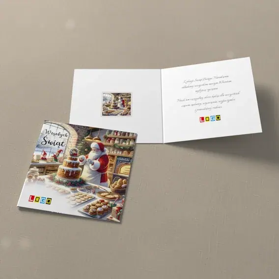 Kartka świąteczna z logo BN2-625 Pieczenie ciastek w czerwonej czapie, widok ogólny