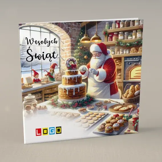 Kartka świąteczna z logo BN2-625 Pieczenie ciastek w czerwonej czapie, przód