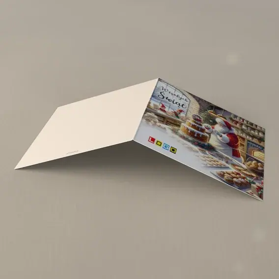 Kartka świąteczna z logo BN2-625 Pieczenie ciastek w czerwonej czapie, tył