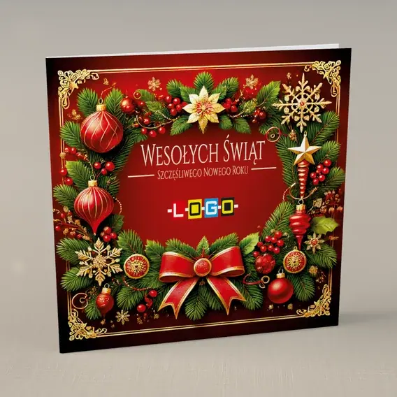 Kartka świąteczna z logo BN2-636 Wieniec na głębokiej czerwieni, przód
