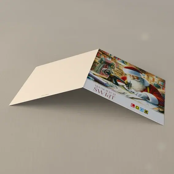 Kartka świąteczna z logo BN2-644 Czerwony krawiec przy regałach, tył