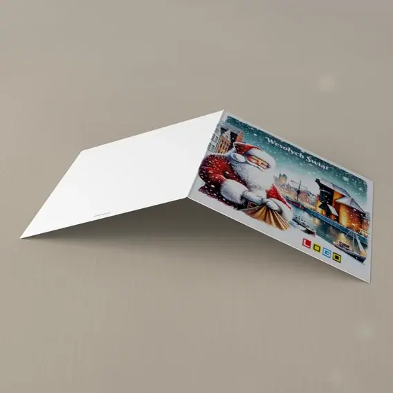 Kartka świąteczna z logo BN2-661 Uśmiech Mikołaja na zaśnieżonej ulicy, tył
