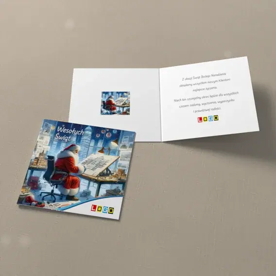 Kartka świąteczna z logo BN2-663 Biurko i trasa przez miasto, widok ogólny