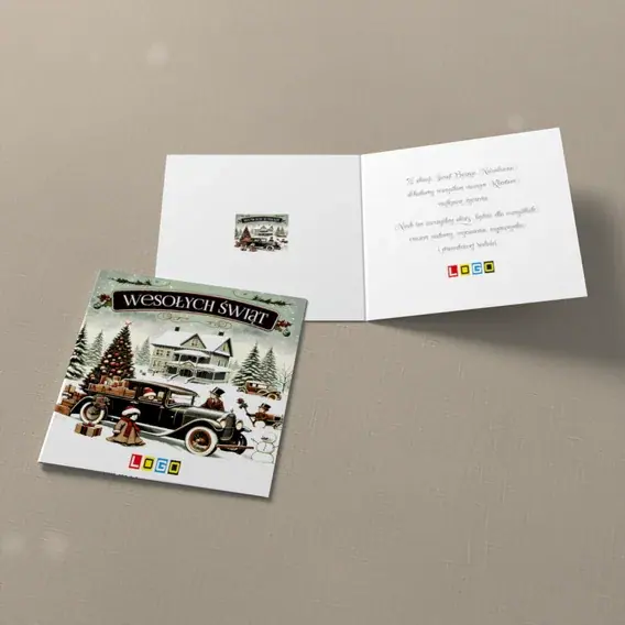 Kartka świąteczna z logo BN2-670 Retro auto obok choinki, widok ogólny