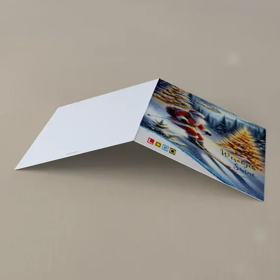 Kartka świąteczna z logo BN2-672 Mikołajowy szus przez stok, tył
