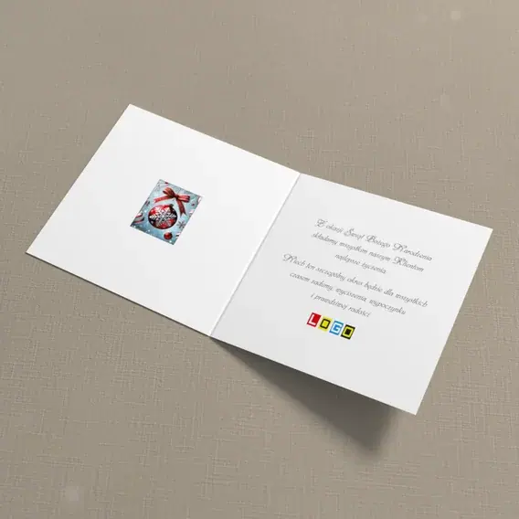 Kartka świąteczna z logo BN2-686 Śnieżynka w kole pasiastych kul, wnętrze