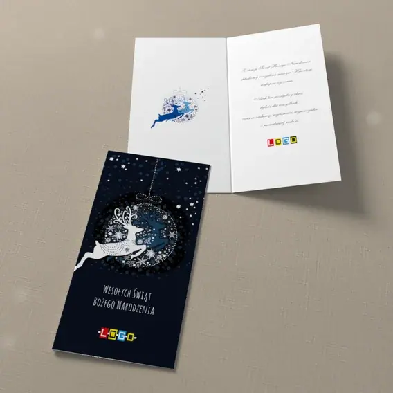 Kartka świąteczna z logo BN3-002 Dwa renifery i płatki, widok ogólny