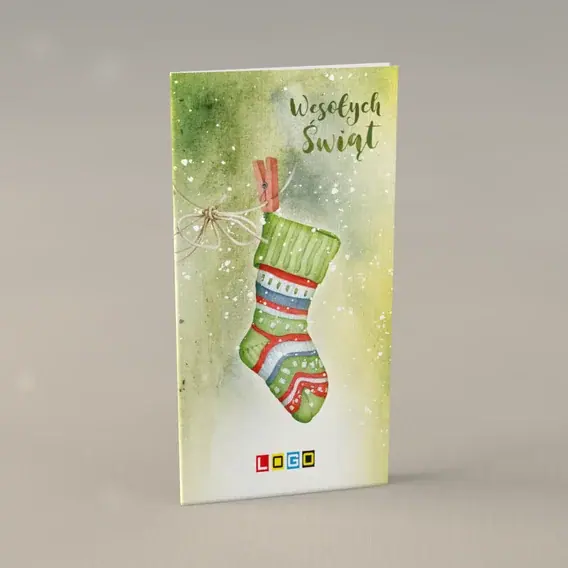 Kartka świąteczna z logo BN3-004 Skarpeta w paski na sznurku, przód
