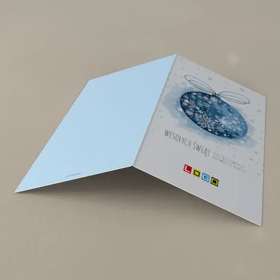 Kartka świąteczna z logo BN3-006 Błękitna kula na bieli, tył