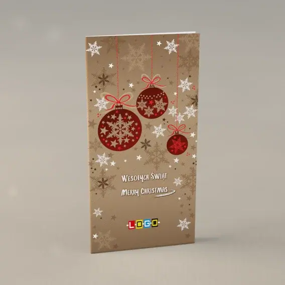 Kartka świąteczna z logo BN3-011 Trzy kule na kraftowym beżu, przód