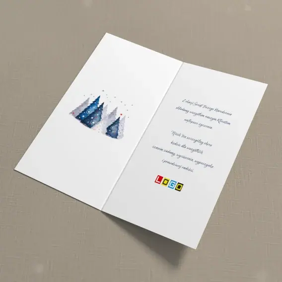 Kartka świąteczna z logo BN3-013 Granatowe choinki w śniegu, wnętrze