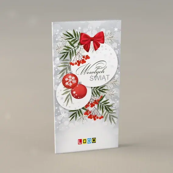 Kartka świąteczna z logo BN3-014 Jarzębina przy dwóch kulach, przód