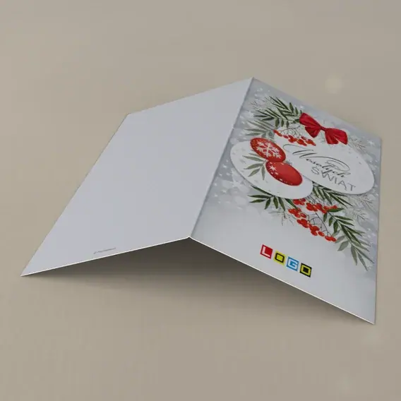 Kartka świąteczna z logo BN3-014 Jarzębina przy dwóch kulach, tył